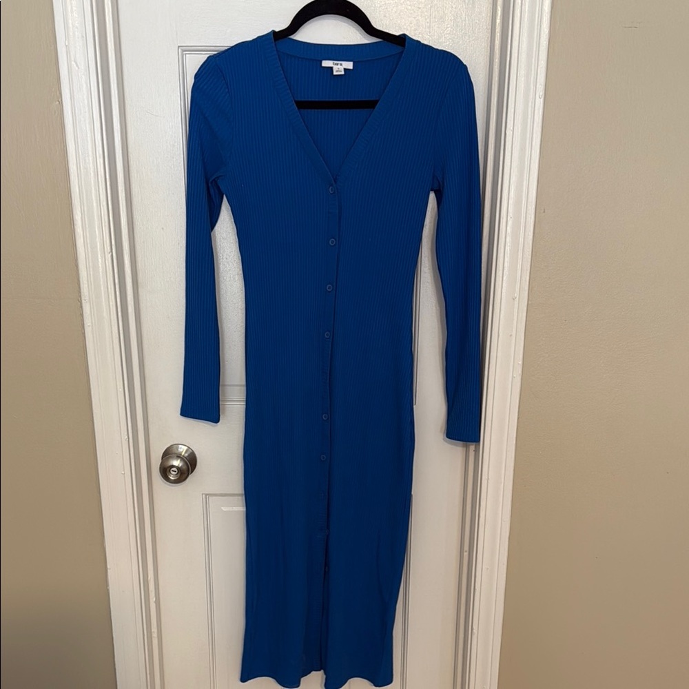 Blue Button-Down ribbed Midi Dress
